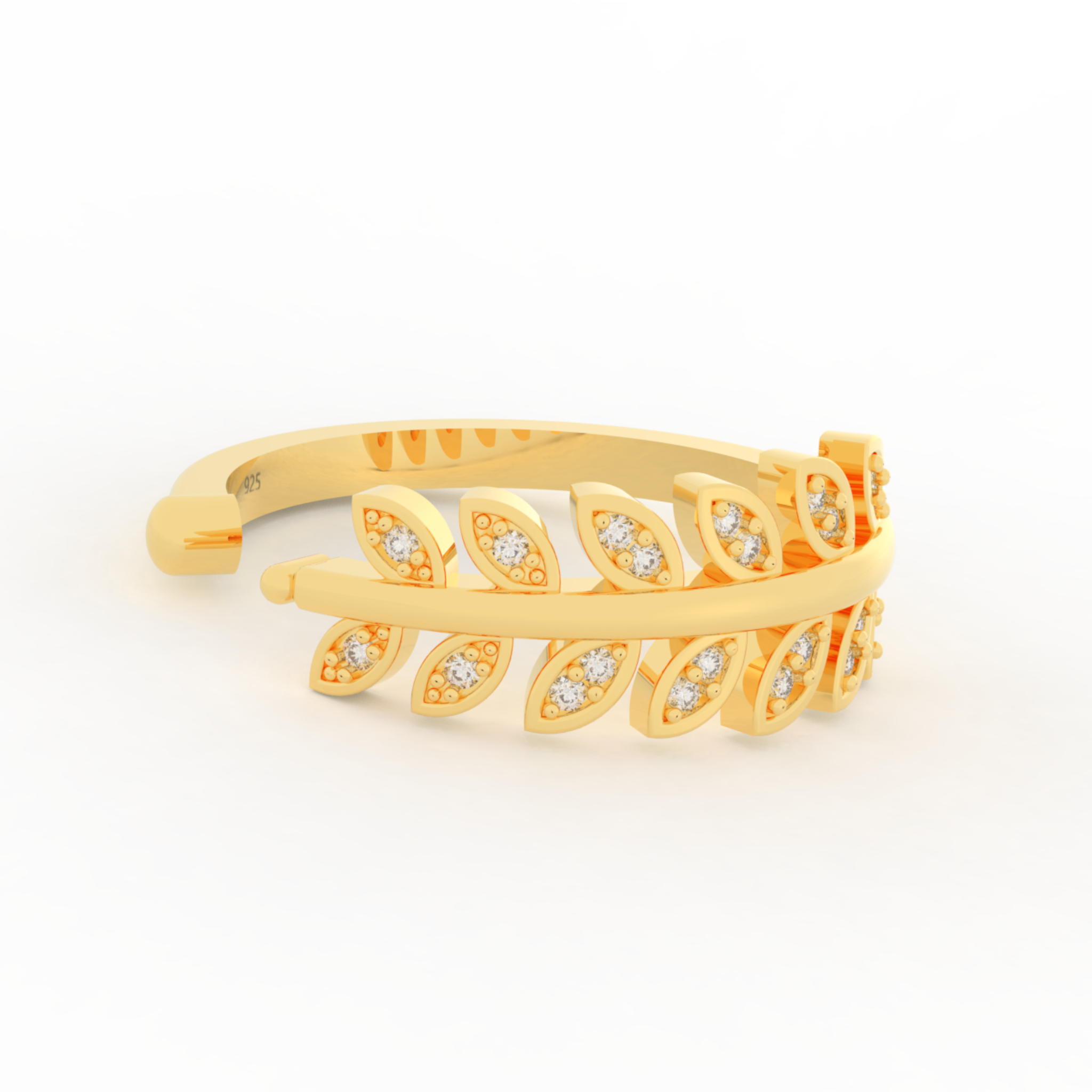 Desiring Leaf Pattern Open Ring Yellow Gold Plated- Hallmarked 925 Sterling Silver Yellow Gold